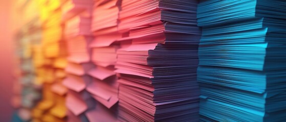 Colorful stacks of paper sheets show various vibrant hues and textures in a neat organized arrangement.