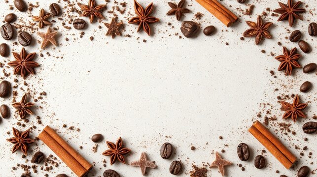 Coffee beans, anise stars, and cinnamon sticks frame a white surface. Great for seasonal food or drink blog header or social media posts.