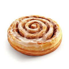 Fototapeta premium A freshly baked cinnamon roll with a golden brown crust soft fluffy interior and a swirl of cinnamon filling, isolated white background, hyperrealism art style