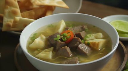 Exquisite bowl of soto betawi, a rich Indonesian coconut milk beef soup