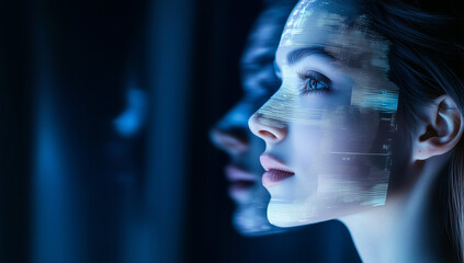 Woman with half of her face replaced by an artificial intelligence, Artificial intelligence, Technology, AI achievement, AI background.