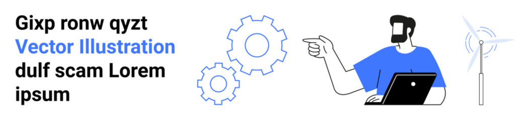 Man with laptop pointing towards wind turbine and gears, promoting sustainability, innovations, and teamwork. Ideal for technology, energy, ecology, engineering, research progress flat landing page