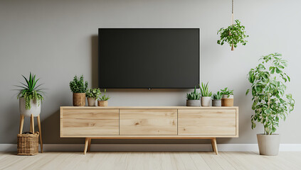Modern Living Room with Plants and Wood TV Stand