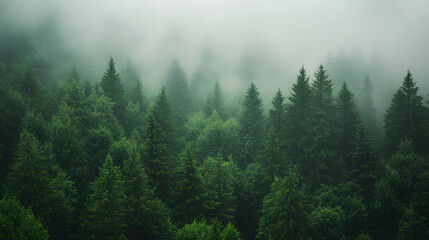 Fototapeta premium Beautiful green forest illustration in fog. Natural scenery background.
