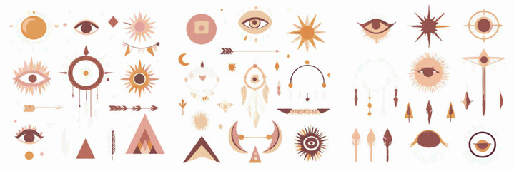 Modern set of hand-drawn boho vector elements and doodle objects.