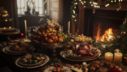 Christmas meal dishes, Christmas food, Dining Table, Dinner party, Dinner, Celebration, warm fireplace background.