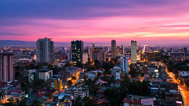 Vibrant city skyline at sunset, showcasing a mix of modern skyscrapers and residential buildings