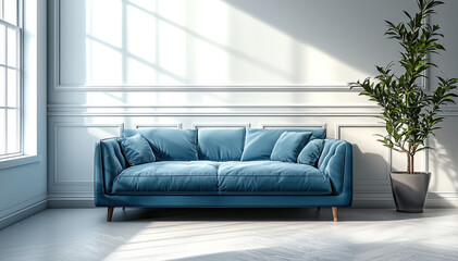 modern blue sofa is positioned in bright room with large windows, casting soft shadows on walls. elegant wainscoting and potted plant add touch of sophistication to serene atmosphere