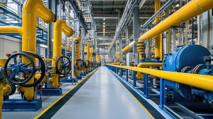 A vibrant industrial facility showcasing a network of blue and yellow pipes along a production line. with machinery and equipment visible in the background