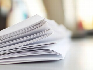 A neat stack of blank white papers rests on a light gray surface ready for printing or writing.