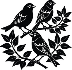 Three stylized black birds perched on a curved branch, surrounded by various leaves