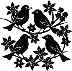 A decorative black silhouette illustration featuring four stylized birds perched on branches adorned with flowers. 