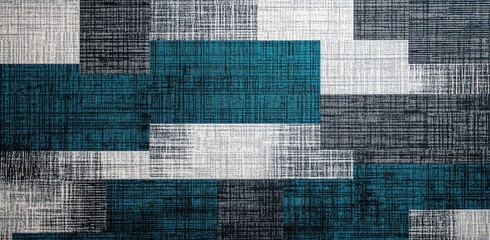 Fototapeta premium A textured fabric background featuring an abstract patchwork design of blue. grey. and black squares. ideal for interior design or textile applications