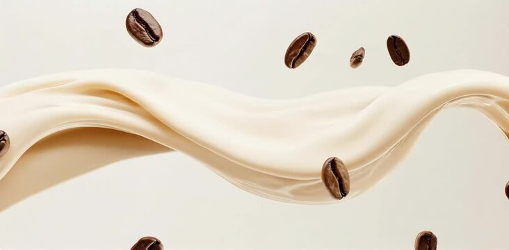 Flujo de leche con caf&eacute; ondulando mientras semillas de caf&eacute; giran al rededor. 
