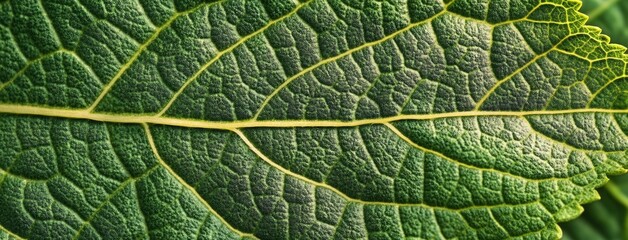 Obraz premium A detailed close-up of vibrant green leaves showcasing intricate vein patterns. set against a soft. blurred natural background. perfect for nature-themed projects