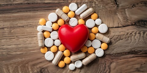 Red heart surrounded by colorful pills on wood surface, symbolizing health, medicine, care, and vitality

