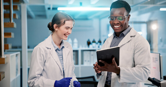 Tablet, scientist and team with research results, pharma innovation and happy for discovery. Technology, medical science or internship collaboration with people in lab planning chemistry experiment