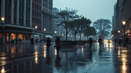 People with umbrellas moody walking in the rain against a city street at night.