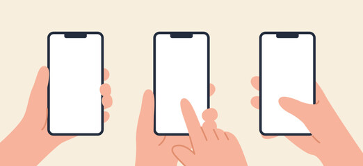 An illustration set of hand gestures holding mobile phone. Different ways of holding phone. Flat vector empty phone screen mockup clipart. 