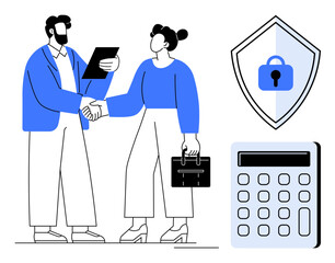 Two business professionals shaking hands, with one holding a document and the other a briefcase, alongside a lock on shield and calculator. Ideal for partnership, security, finance, trust, business