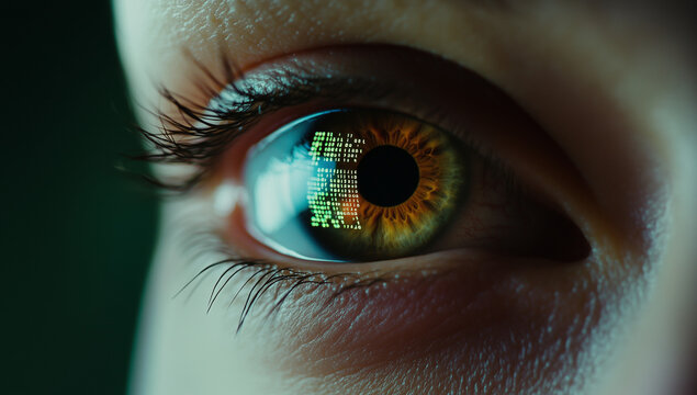  Binary code reflected in human eye concept of digital vision, A human eye reflecting digital code, Digital computing, AI, Tech, Biotechnology, Tech background