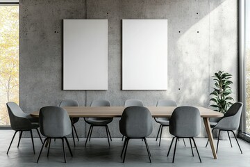 A modern conference room featuring a large wooden table surrounded by stylish chairs. with empty wall frames. large windows. and lush plants creating a vibrant atmosphere