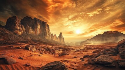A surreal landscape featuring an orange-hued planet looming over a desolate terrain with a solitary tree. casting shadows as the sun sets in the background. evoking a sense of isolation