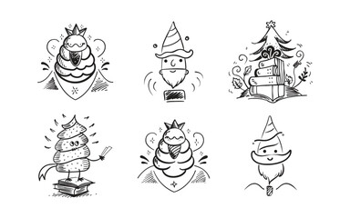 Christmas Black doodle line art, Christmas tree Silhouette Vector illustration, Fir Tree Illustration, Logo, Symbol