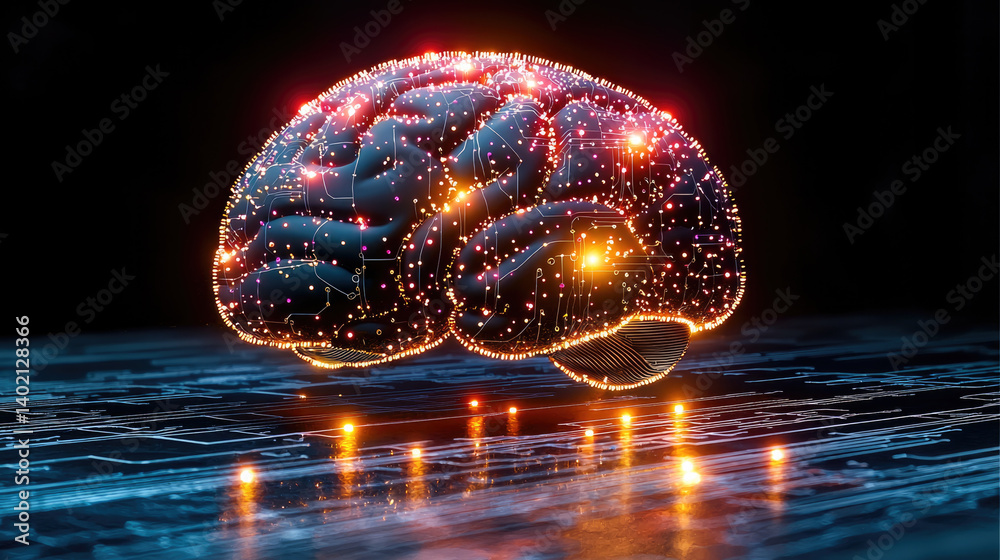 Aufkleber glowing brain with intricate circuitry patterns, symbolizing advanced technology and artificial intelligence. vibrant lights reflect on digital surface, creating futuristic atmosphere
