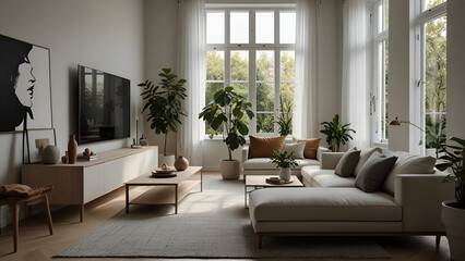 Fototapeta premium Elegant Modern Living Room with Cozy Sectional Sofa Wooden Coffee Table Indoor Plants and Large Window Allowing Soft Natural Light