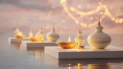 Banner design for diwali festival and podium,Diwali light decoration candle with fireworks,Stage,Product display Showcase design sparkle background,Deepavali,Dipavali,3D podium illustration.