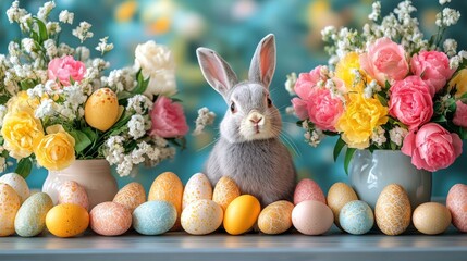 A charming easter bunny surrounded by colorful flowers and decorated eggs.