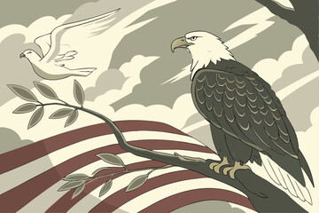 69 Surreal patriotic illustration, bald eagle perched on American flag branch, white dove offering olive branch, symbolic peace offering, cloudy sky background, photorealistic painting style, muted co
