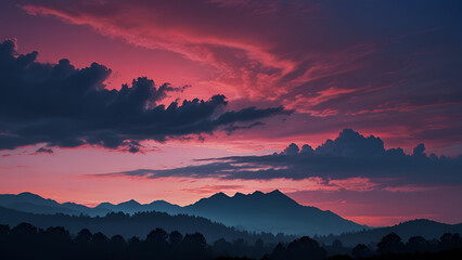 Breathtaking Sunset Over Silhouetted Forest Vibrant Red and Pink Streaks in Deep Blue Sky Creating a Stunning Evening Atmosphere