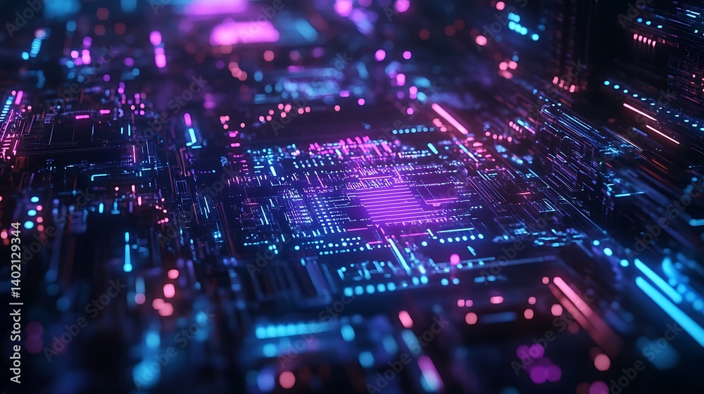 Poster abstract neon circuitry with glowing digital landscape for innovation future data processing science