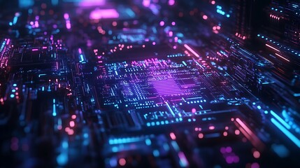 Fototapeta premium Abstract Neon Circuitry with Glowing Digital Landscape for innovation future data processing science Artificial intelligence AI modern concept.