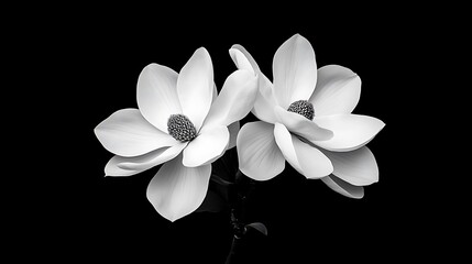 Two White Magnolia Blossoms in Monochrome Close Up