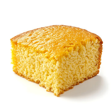 A sweet and buttery cornbread slice with a golden crust soft crumb and slightly cracked top, isolated white background, hyperrealism art style