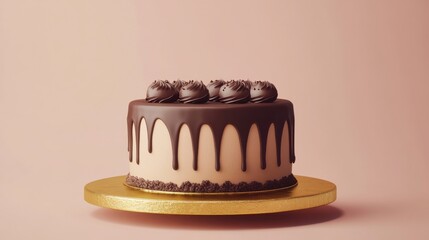 A chocolate cake with raspberries on top, presented on a gold plate.