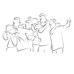 happy male team celebrating victory illustration vector hand drawn with black lines isolated on white background.