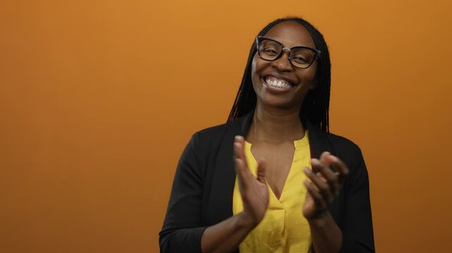 Woman clapping against orange background wearing yellow blouse and glasses, displaying joyful expression with isolated warm ambiance and vibrant setting.