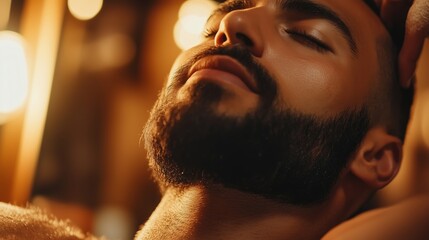 Man relaxing with eyes closed in warm ambient light during self-care session at spa or barber shop