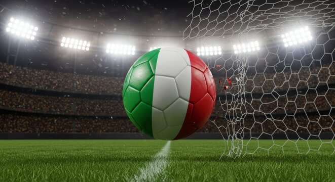 Hyperrealistic Italian Flag Soccer Ball Scores in a Stadium Goal Net - Powered by Adobe