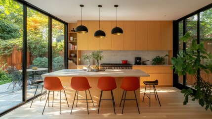 A modern kitchen interior with an open view of a garden