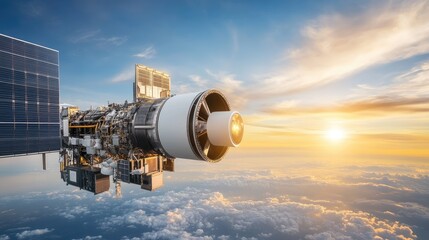 Impressive Rocket Engine Against Stunning Sunrise Over Clouds