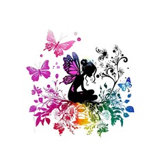 Rainbow Fairy Sitting Amongst Colorful Butterflies and Floral Design. This enchanting illustration features a whimsical fairy surrounded by vibrant butterflies and flowers.
