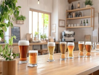 Variety of Beer Glasses Displayed on Wooden Bar Surface