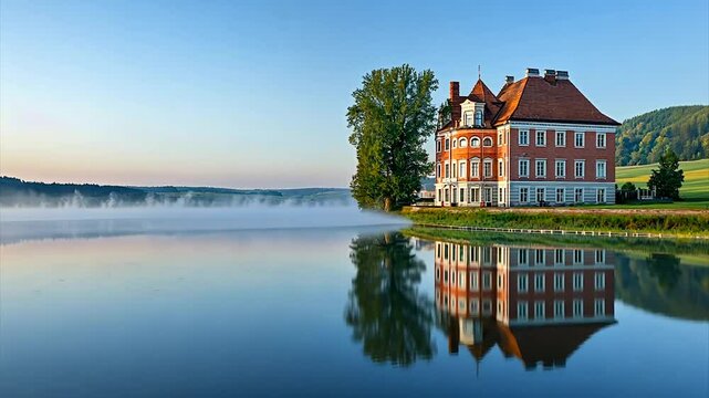 Serene sunrise view of a red brick manor house reflected in a calm lake