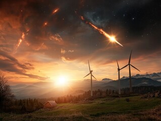 Obraz premium Serene Landscape with Wind Turbines and Stunning Cosmic Phenomenon