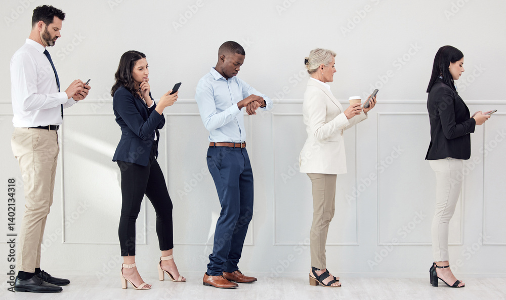 Poster people, queue and waiting in line for job interview, recruitment or reading cv application online. g